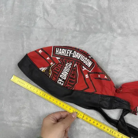 VTG Harley Davidson Red Do Rag Bandana Headwrap Leather Trim Motorcycle Gear Y2K - Picture 11 of 11